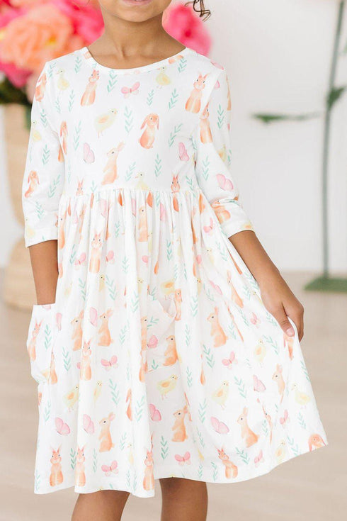sunny-bunnies-3-4-sleeve-pocket-twirl-dress Mila &  Rose - Sophia's Style-Sunny Bunnies 3/4 Sleeve Pocket Twirl Dress-6-12M--1